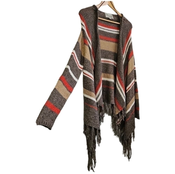 Boho stripe knit fringe open cardigan wool blend size oversized medium - Picture 5 of 9
